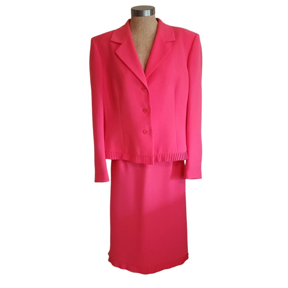 Kasper 2PC Skirt Suit Women’s 16 Coral Pink Blazer Buttons Church Career Vtg 90s